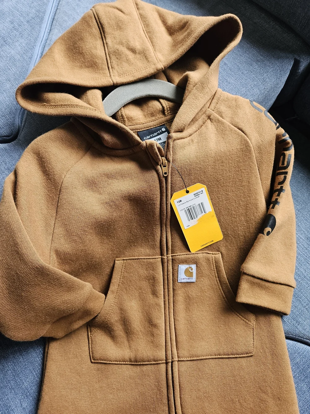 Carhartt 12 Month Boys Hooded Sweatshirt Onesie, Bib Overall & Gray Bodysuit Set